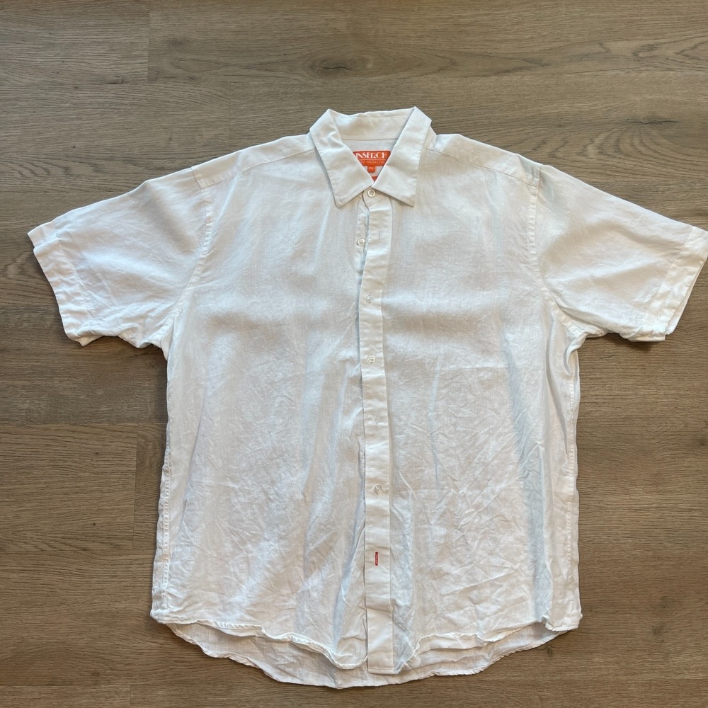 Inserch Mens 100% Premium Linen Short Sleeve Button Up Shirt White Size 2XL